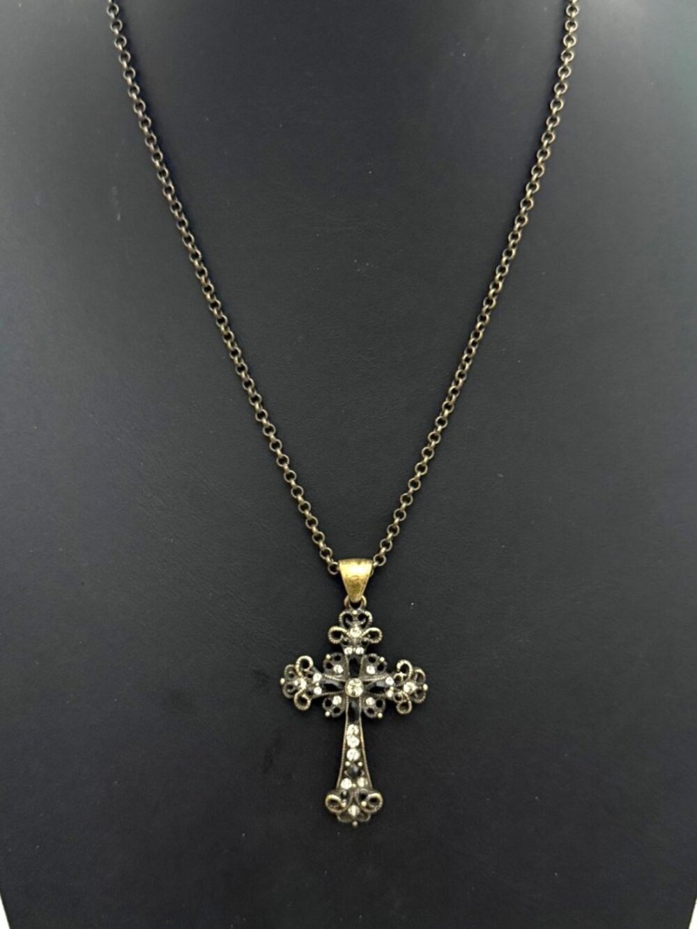 Lia Sophia Necklace Cross Filigree Antique Inspired Brass Tone 19 to 22 inches